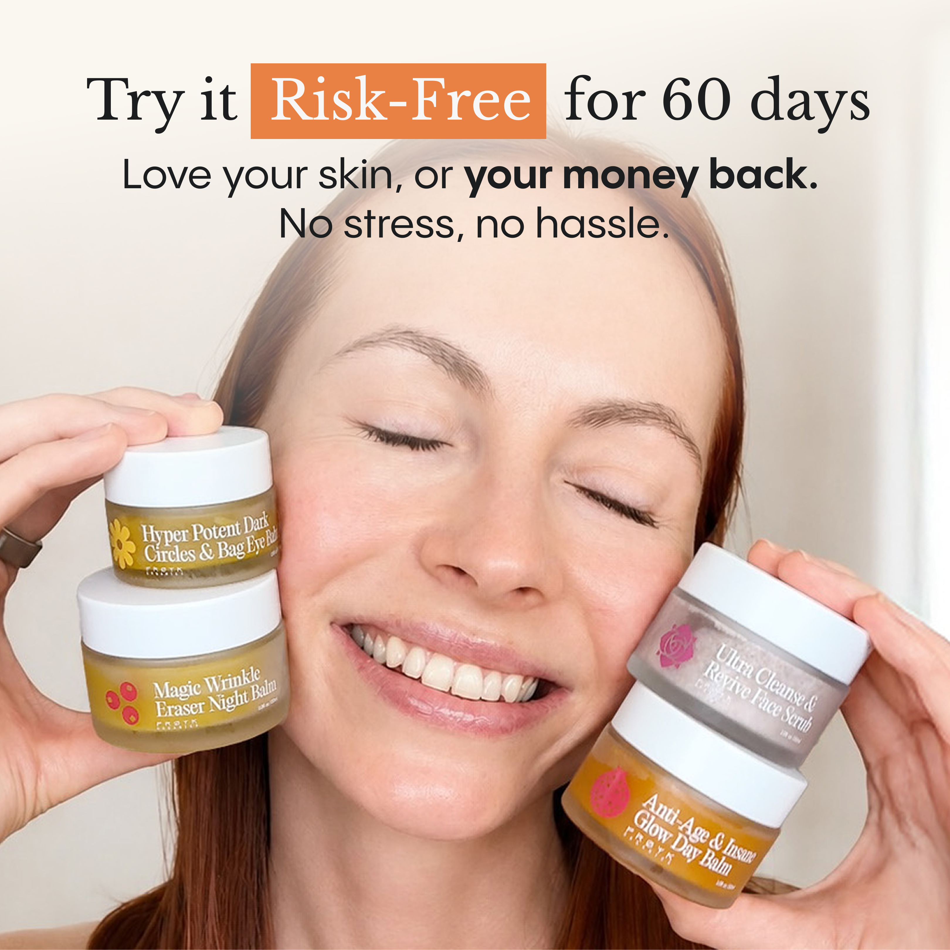 Frøya Organics Complete Mature Skin System — woman holding jars with 60-day money-back promise